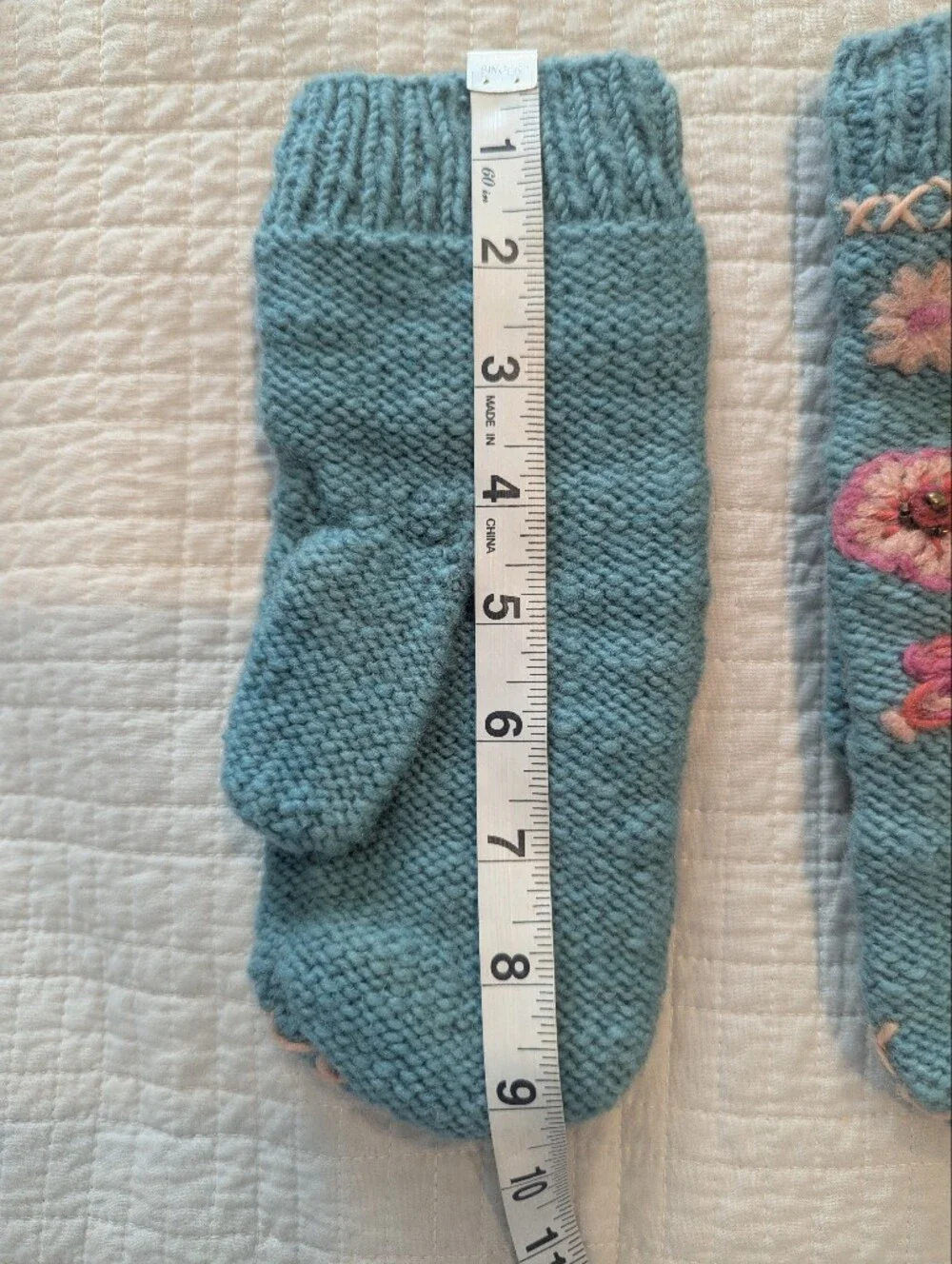 FRENCH KNOT Hand-Knit Blue Floral Embroidered Mittens